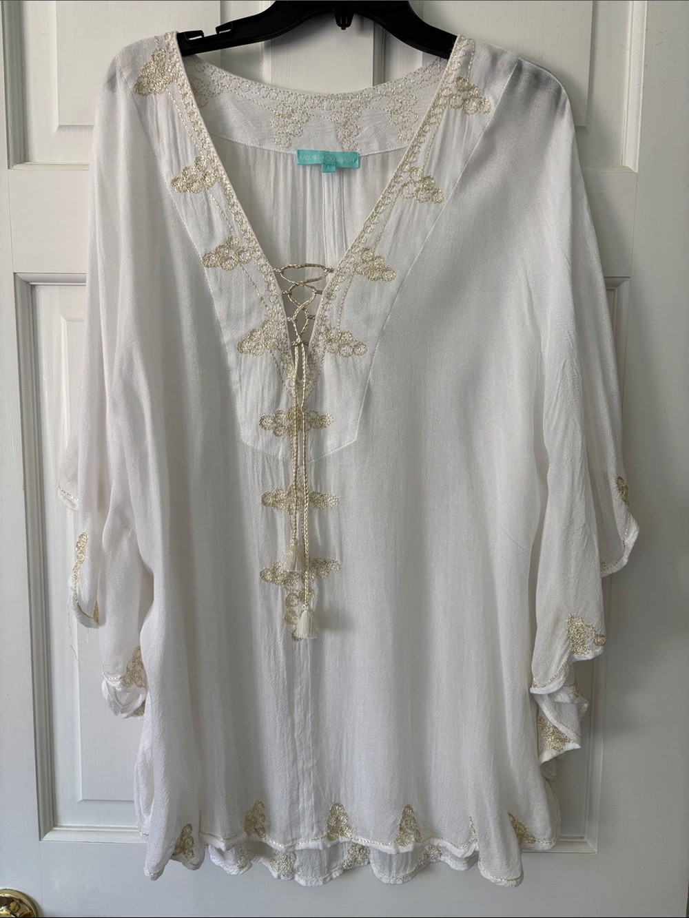 Melissa Odabash White V-Neck Swim Coverup with Gold Embroidery